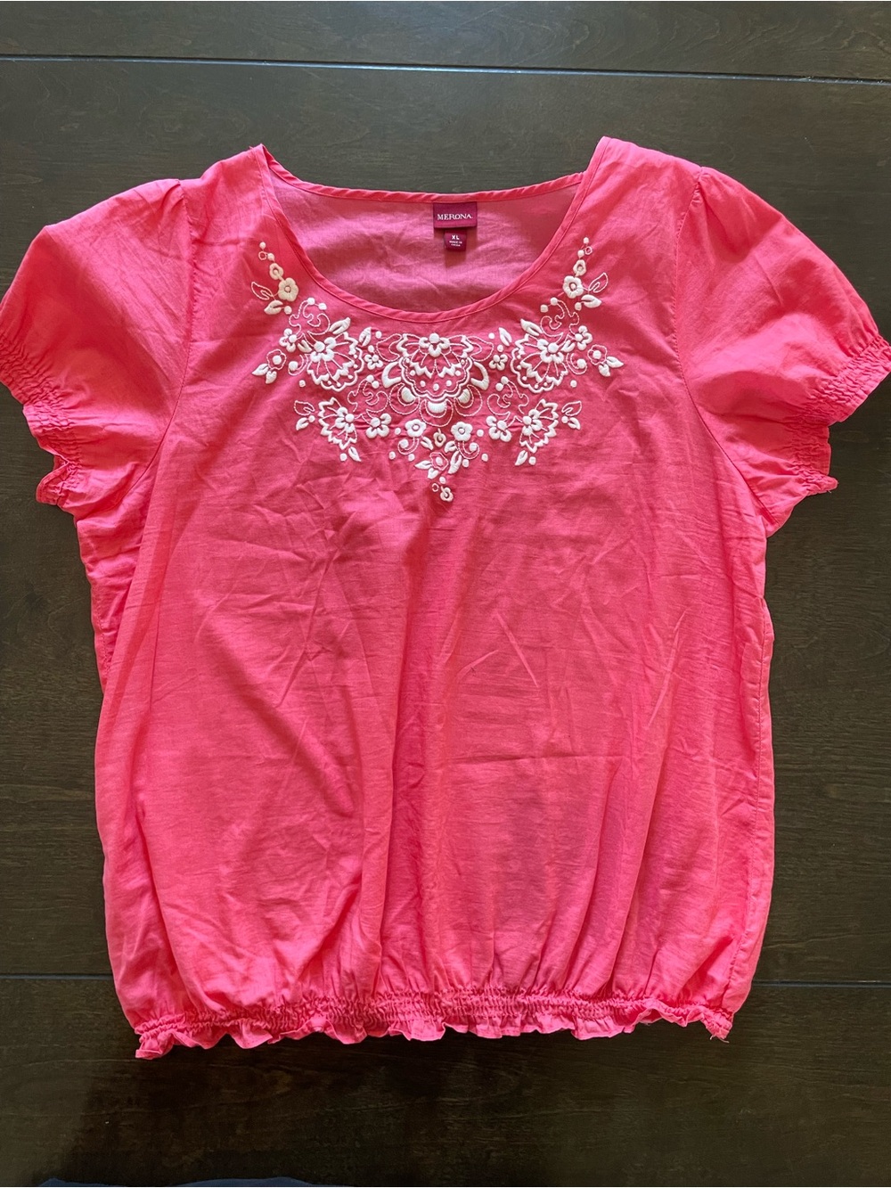 Merona Hot Pink Scoop Neck Blouse with White Floral Embroidery